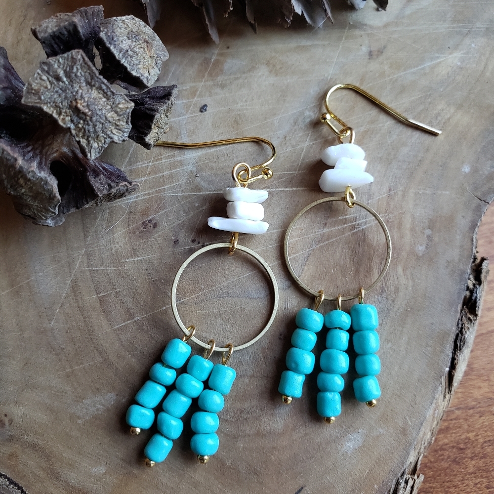 Handmade Boho Seashell Glass Beads Tassel Earrings